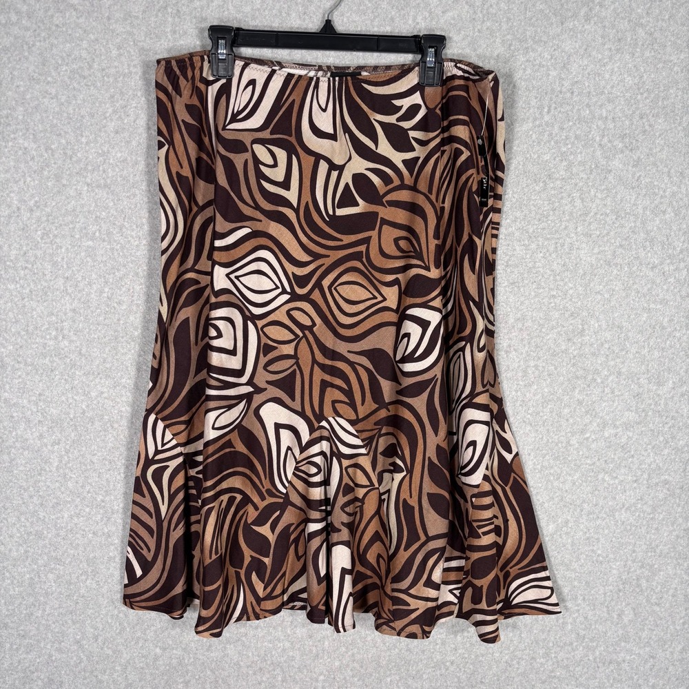 NEW 5th Woman Abstract Flutter Midi Skirt 1X Brown‎ Floral Swirl Linen Artsy Y2K